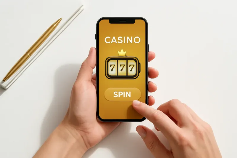 Hands holding phone with casino app above clean white desk
