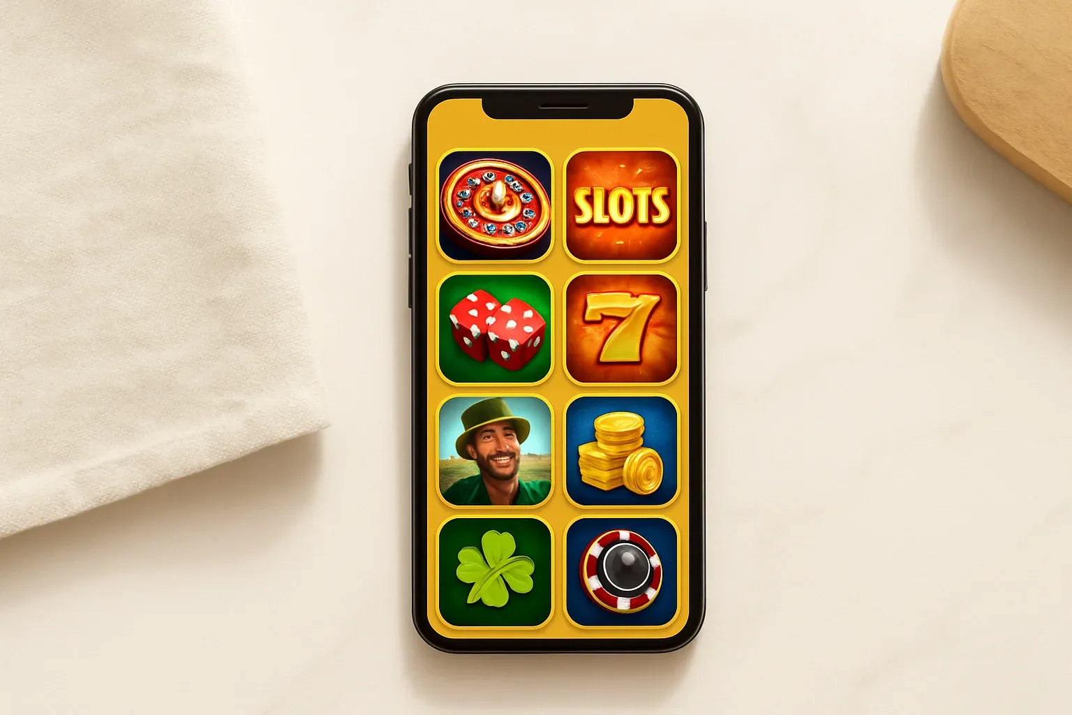 Smartphone on white marble showing bright casino game selection grid