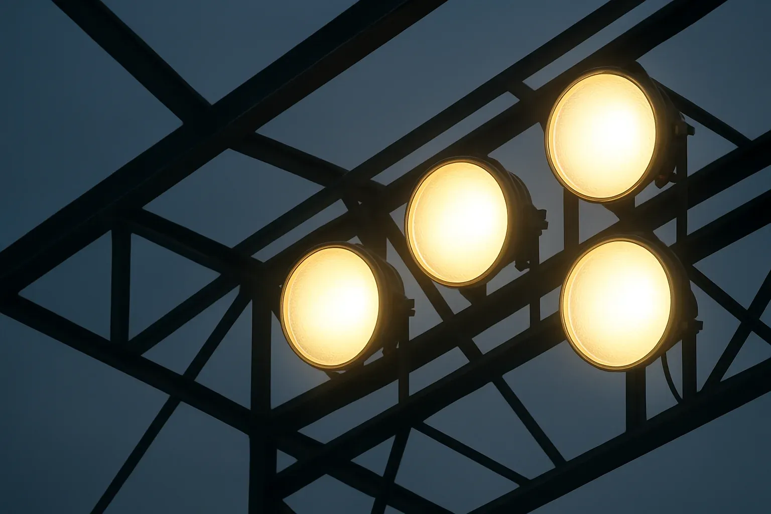 Looking up at four bright stadium lights through metal structure