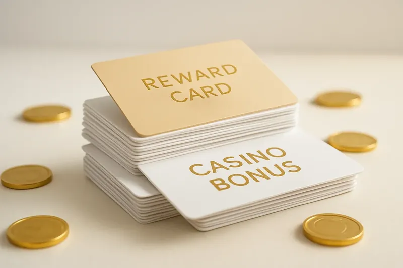 Stack of casino bonus vouchers and reward cards with gold coins