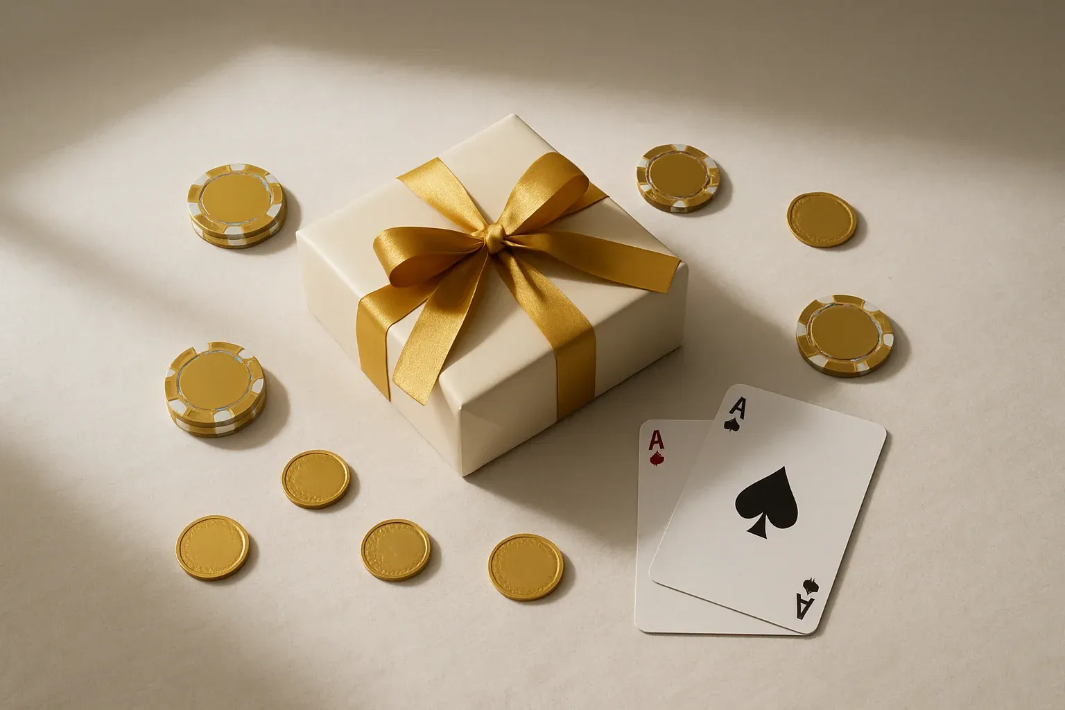 Premium gift box with casino chips, cards, and gold coins