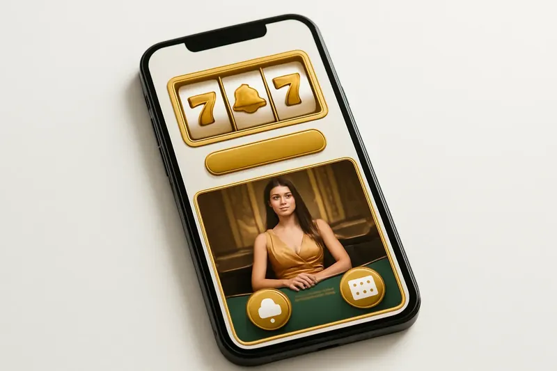 Mobile phone showing casino app with slots and live casino games