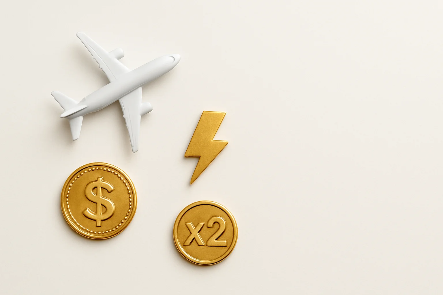 Overhead flat lay with airplane figurine, gold coin, lightning token, multiplier badge