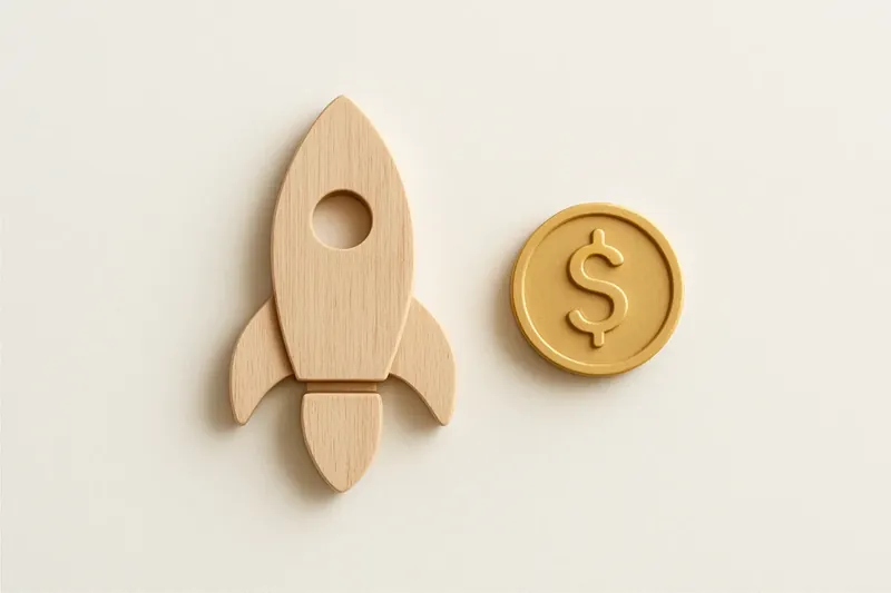 Minimalist rocket icon with gold coin on white background