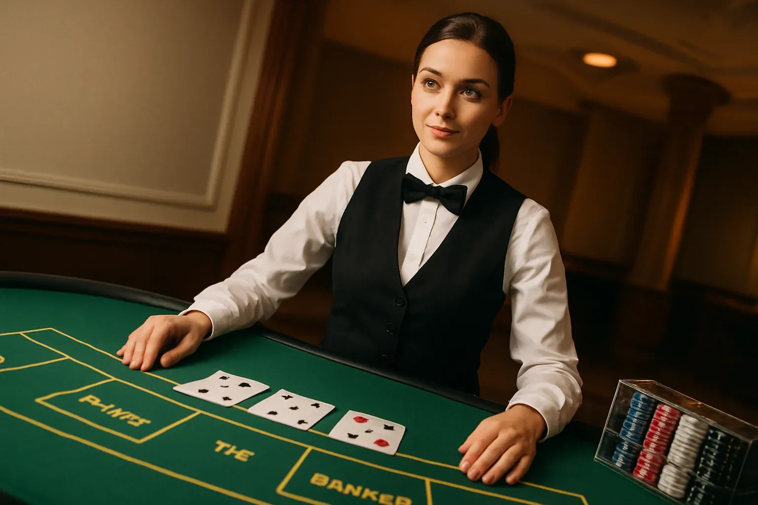Professional female dealer at elegant live baccarat table in casino