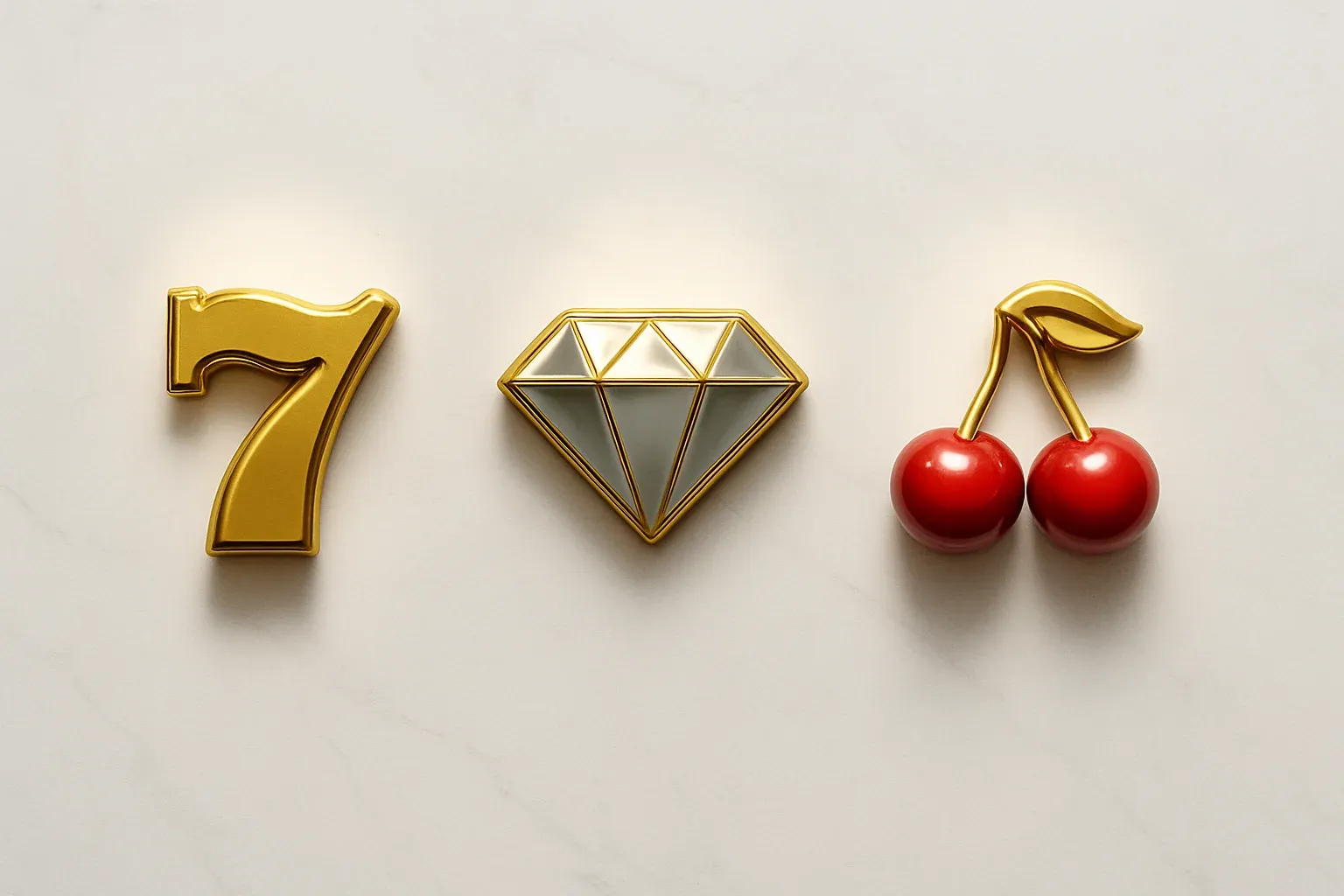 Three polished slot symbols on white marble with warm spotlights